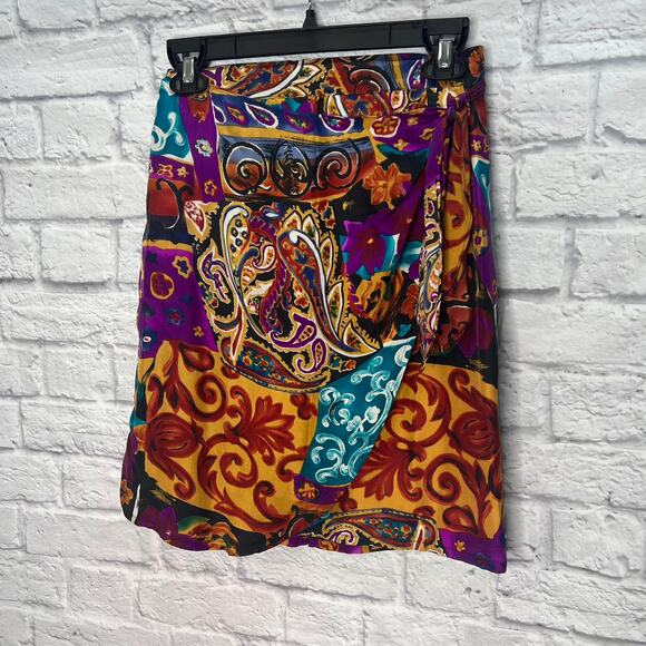 Vintage New York Studio Silk Mini Skirt Faux Wrap Size M Paisley 90s Y2K Print - Picture 2 of 7